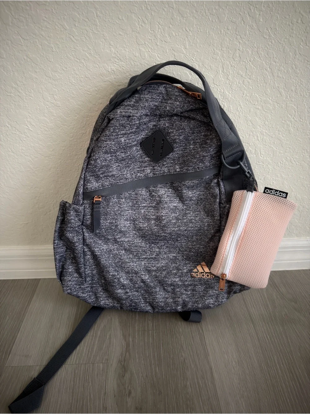 adidas Grey Heather Backpack with Rose Gold Logo and Pink Key Charm